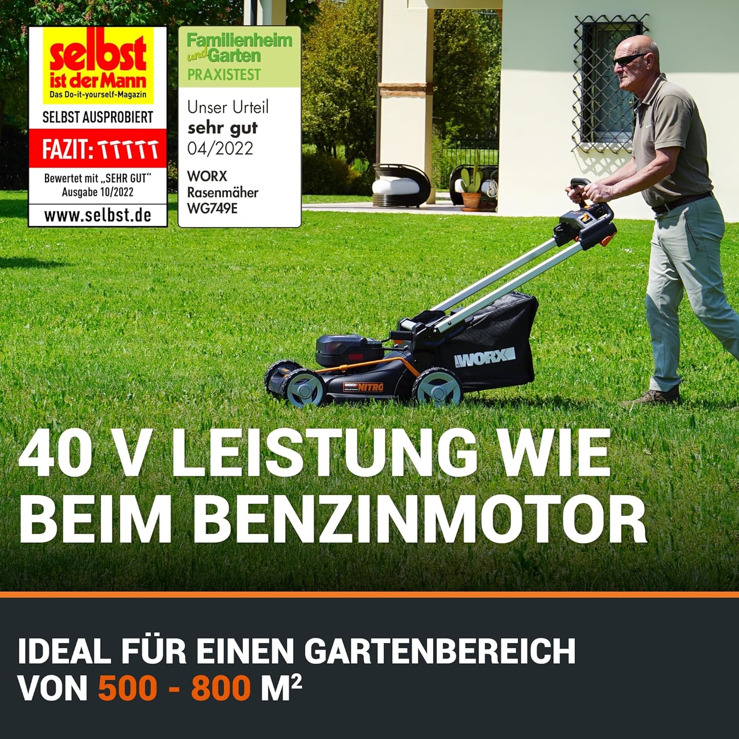 WORX WG749E Akku Rasenmäher 40V (2x20V) PowerShare, Radantrieb, Kraftvoller Bürstenloser Motor, 46cm Schnittbreite, 7 Schnitthöhen inkl. Akku und Ladegerät, Schwarz