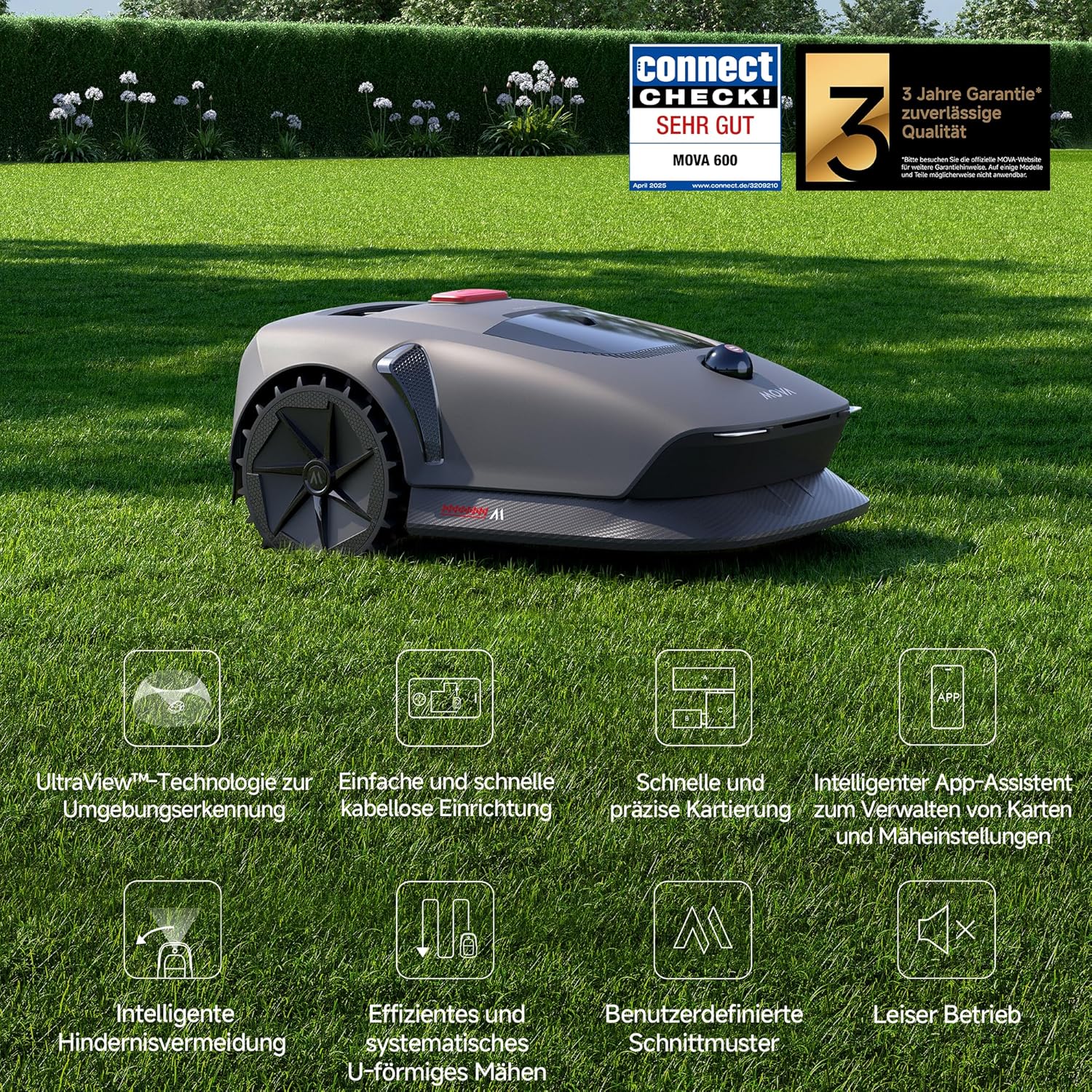 MOVA 600, Rasenmäher Roboter 3D-LiDAR kabellose Einrichtung & genaue Kartierung bis 600 m², Smarte Hindernisvermeidung, App-Steuerung, U-förmiges Schneiden, Leiser Betrieb, Sicherheitswarnungen