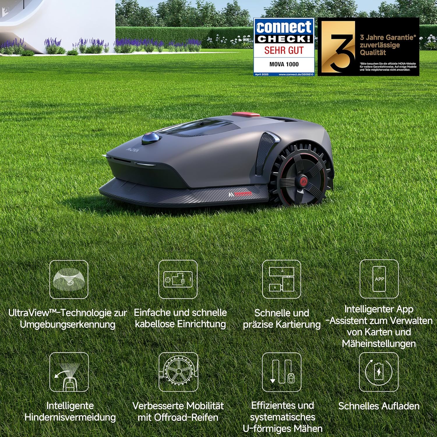 MOVA 1000, Mähroboter 3D-LiDAR kabellose Einrichtung & genaue Kartierung bis 1.000 m², Smarte Hindernisvermeidung, App-Steuerung, Verbesserte Geländeräder, U-förmiges Schneiden, Schnelles Laden